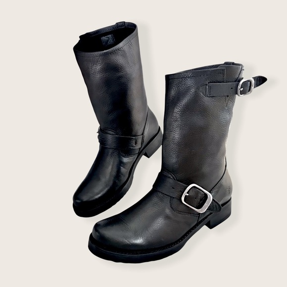 Frye Veronica Short Belted Black Leather Popular Moto Vintage Combat Ankle Boot - Picture 11 of 16